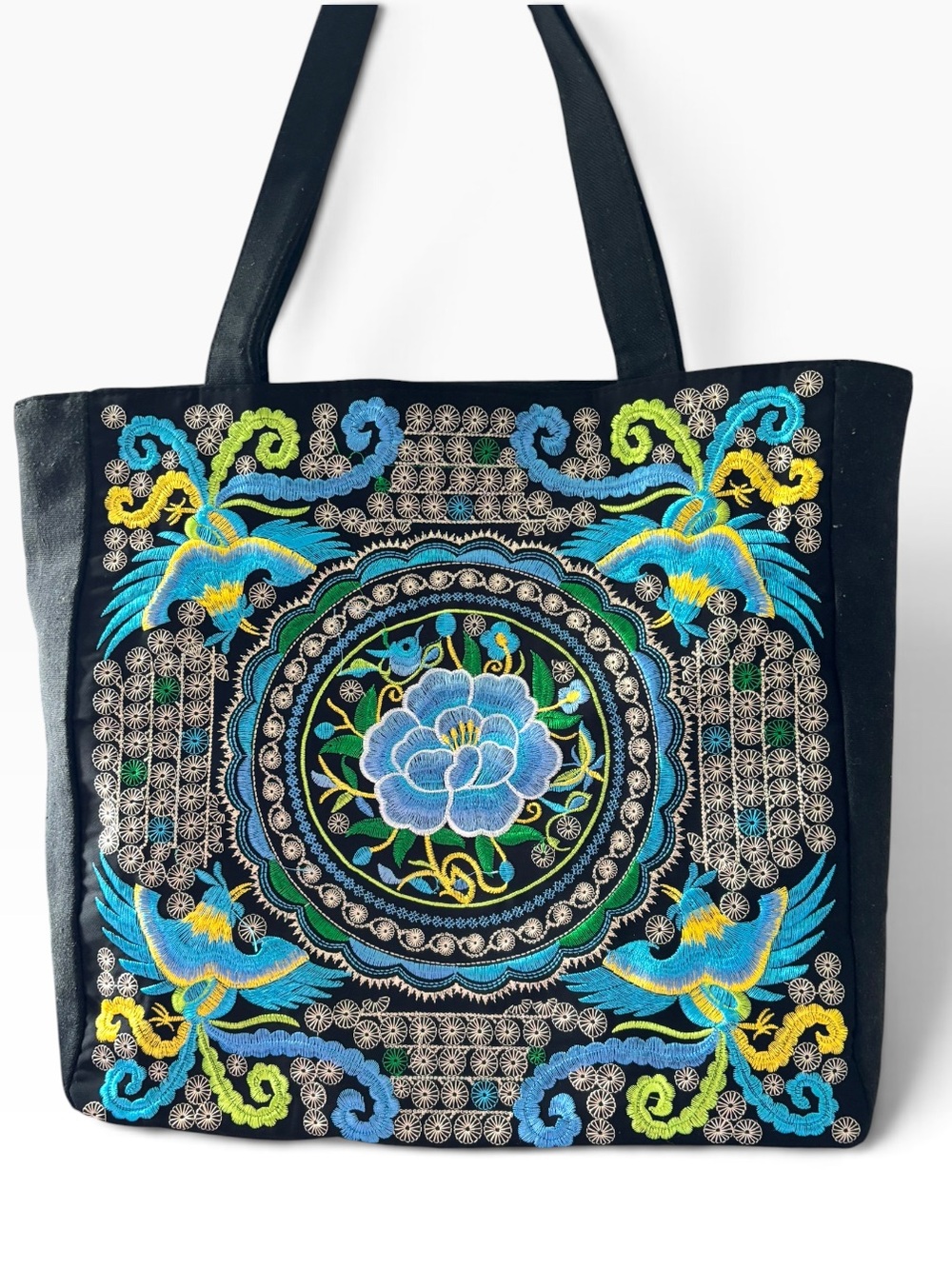 Embroidered Peacock & Floral Black Tote Bag – Boho Statement Shopper 17” x 13”